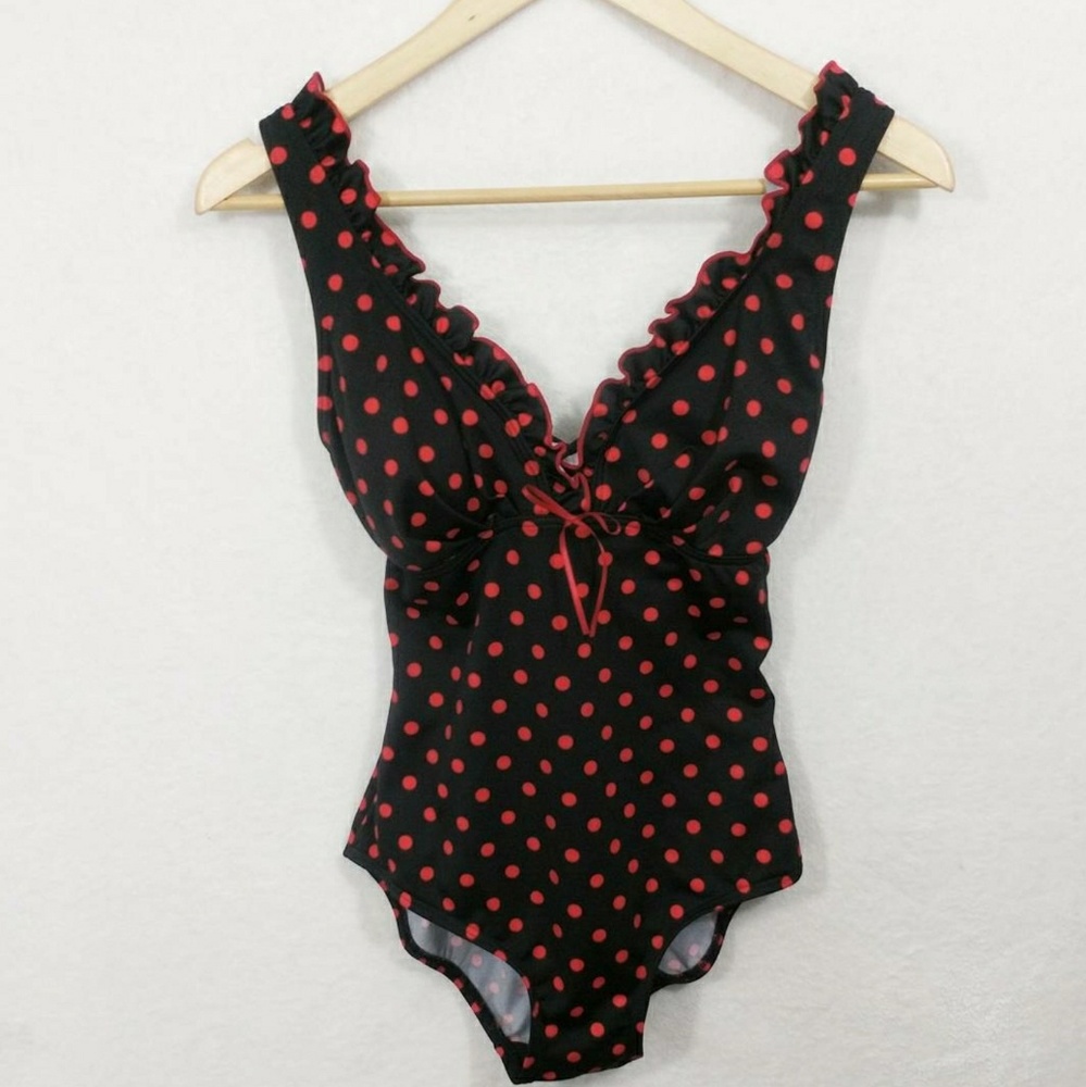Pin Up Red Black Polka Dot One Piece Swimsuit - Picture 2 of 6
